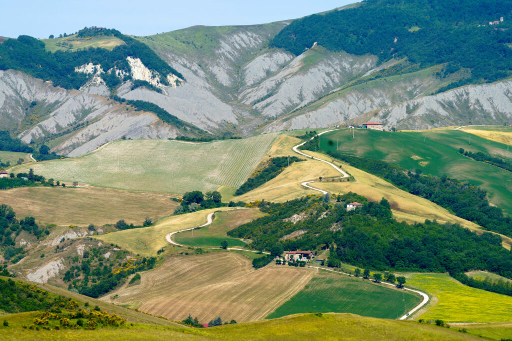 Country landscape on the hills in the Bologna province, Emilia-Romagna, Italy, near Imola and Riolo Terme, at springtime