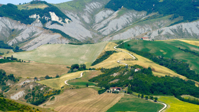Country landscape on the hills in the Bologna province, Emilia-Romagna, Italy, near Imola and Riolo Terme, at springtime