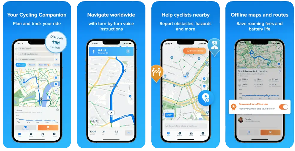 Different screens from the Bikemap App available in every Appstore